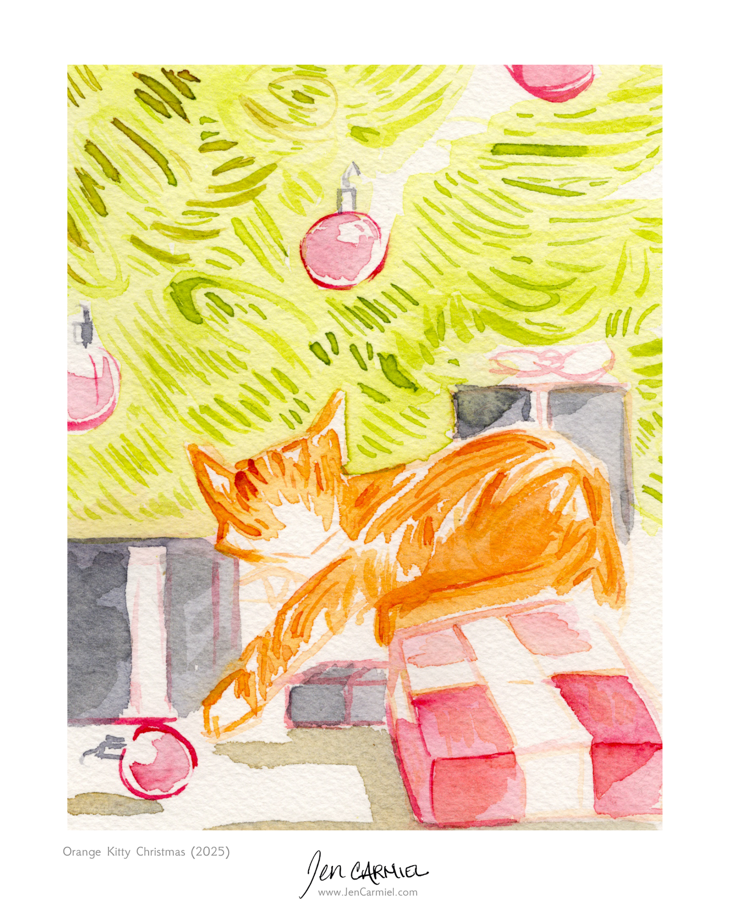 Orange Kitty Christmas 5x6.5'' Original Watercolor