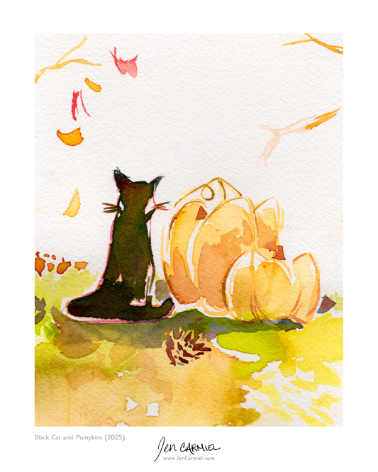 Black Cat and Pumpkins Art Print