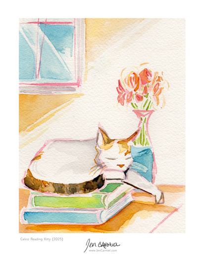 Calico Reading Kitty Art Print