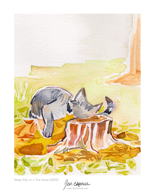 Sleepy Kitty on a Tree Stump Art Print
