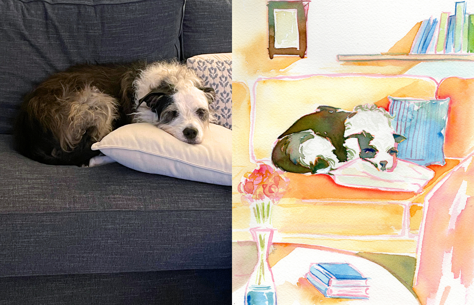 Watercolor dog portrait by Jen Carmiel