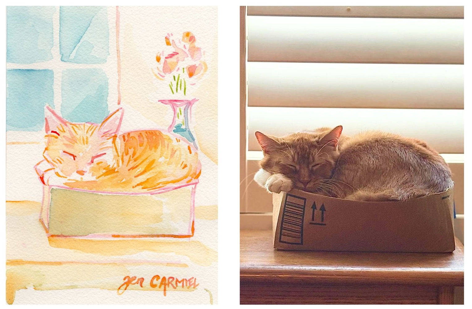 Watercolor Portrait of orange cat in a box