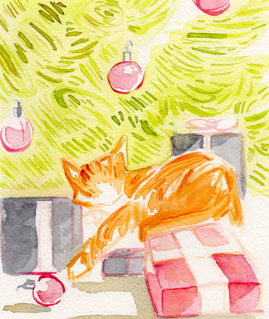 Orange Kitty Christmas 5x6.5'' Original Watercolor
