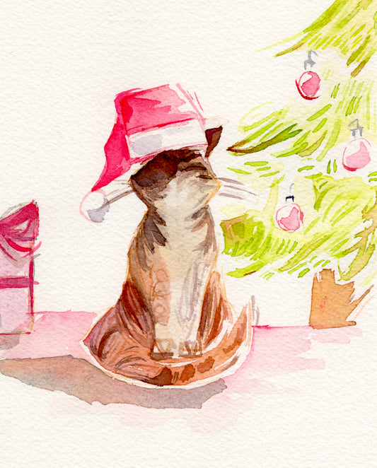 Tabby Kitty Christmas 5x6.5'' Original Watercolor