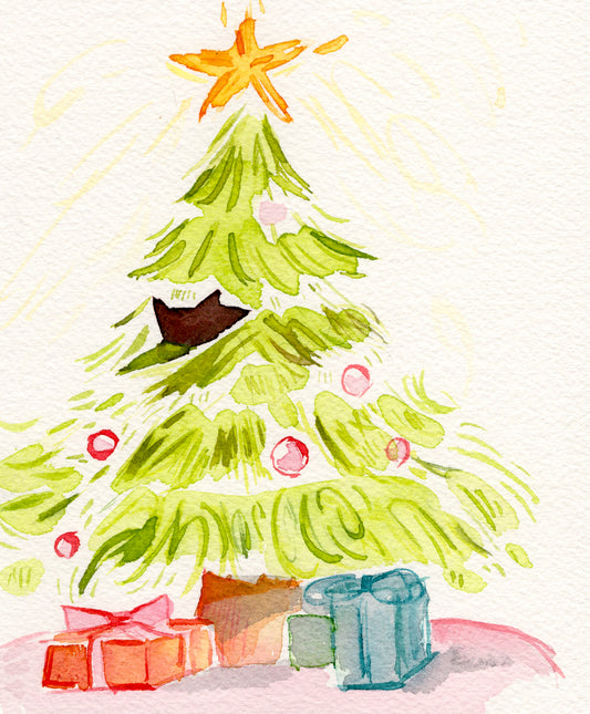Kitty in the Christmas Tree 5x6.5'' Original Watercolor