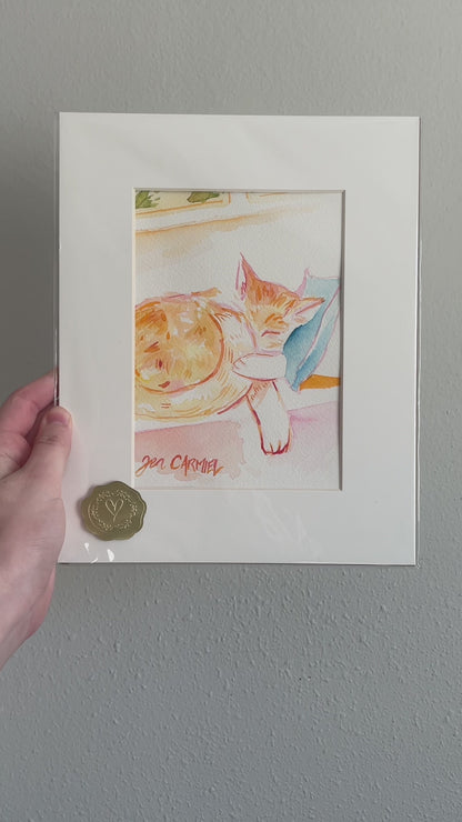 Sleepy Orange Kitty - 5x7'' Original Watercolor