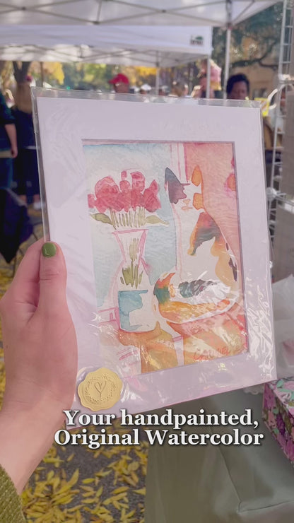 Calico Sleepy Kitty 5x7'' Original Watercolor