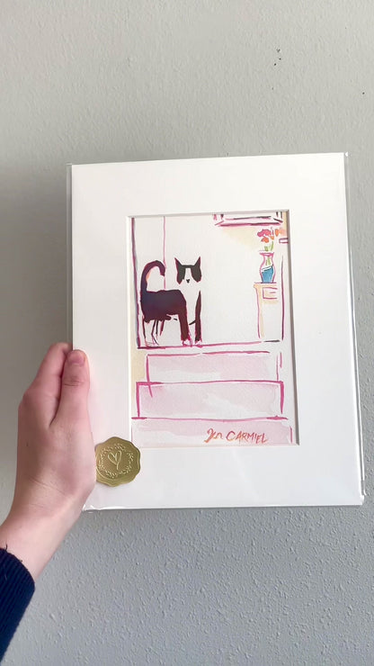 Tuxedo Cat by the Stairs - 5x7'' Original Watercolor