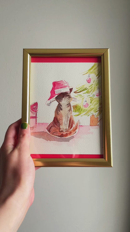 Tabby Kitty Christmas 5x6.5'' Original Watercolor