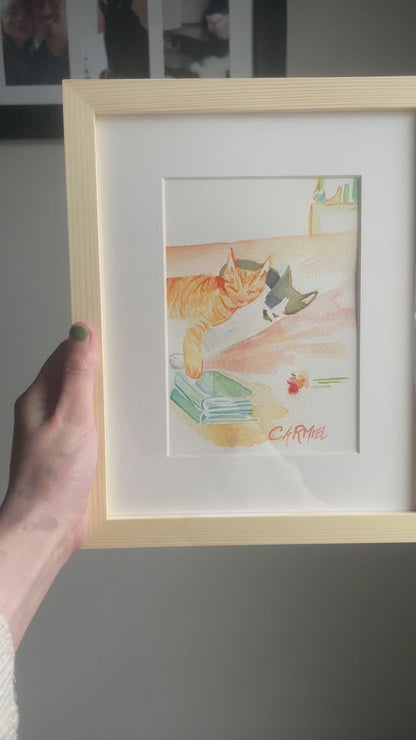 Sleepy Kitties - Framed Original Watercolor
